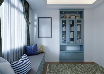 A turquoise bookcase with books and a bench with pillows in the children's room.